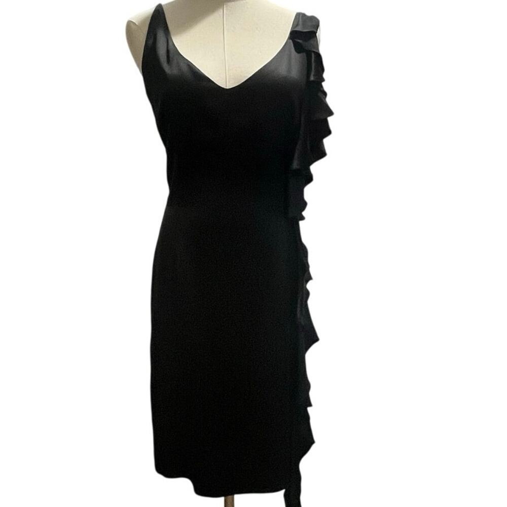 Badgley Mischka Designer Vintage Black Side Ruffle Cascading Silk dress Sz 4 USA
